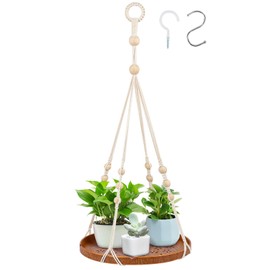 SUREAM Macrame Plant Shelf Hangers, Large Hanging Baskets for Plants with Flower CutOuts and Handmade Cotton, Indoor Outdoor Plant Hangers with Wood Tray for Garden Home Decor - No Plant/Pot Included