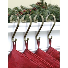 Haute Decor Stocking Scrolls Stocking Hanger- 4 Pack Holly Embossed (Antique Brass)