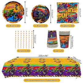 Dirt Bike Party Supplies, Includes Plate, Napkin, Cups, Tablecloth, for Kids Boys Girls Motorcycle Extreme Sports Birthday Decorations, Serve 20 (Serves 20)