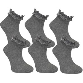CHAAL® 6 Trim Lace Socks Girls' Ruffled Trim Frilly Lace Socks School Ankle Socks, Girls Soft Back to School Trainer Socks Dance Socks School Uniform Socks Size 9-12 Grey