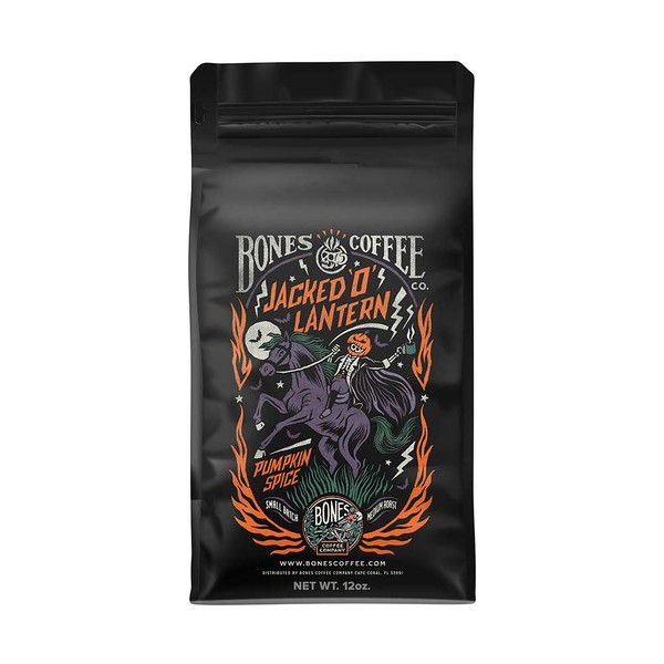 Bones Coffee Company Jacked 'O' Lantern Flavored Ground Coffee Beans Pumpkin Spice Flavor | 12 oz Medium Roast Low Acid Coffee | Flavored Coffee Gifts & Beverages (Ground)