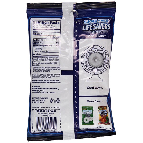 Life Savers Pep O Mint Sugar Free Candy Bag, 2.75 ounce