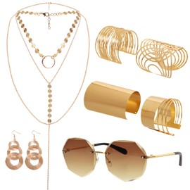 Fumwase 7PCS 70s Disco Accessories Set for Women Sunglasses Coil Bracelets Layered Necklace Triple Swirl Earrings for Adult Halloween Cosplay (Gold)