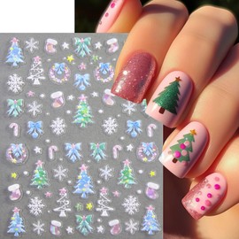 8 Pcs Snowflake Nail Stickers 5D Embossed Self-Adhesive Xmas Snowball Nail Decals Christmas Tree Nail Art Stickers Lantern Ball Holly Leaf Snowmen Nail Supplies for Women Winter Holiday DIY Manicure
