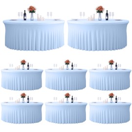 8 Pack Baby Blue Round Tablecloth - 60 Inch Dia. - Party Tablecloth for 5FT Round Tables, Washable Polyester Fabric Tablecloths Stretch Table Cover with Skirt for Wedding Birthday Picnic Dinner Decor