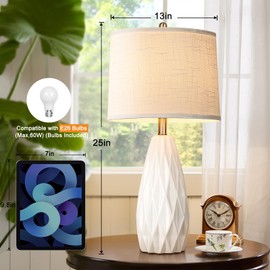 KunruiTAI 25'' Geometric Lamp White Cream Table Lamps Modern Ceramic Lamp for Night Stand - 3-Way Dimmable Bedside Lamps for Nightstand, Bedroom Lamp for Living Room Desk End Table Office Guest Room