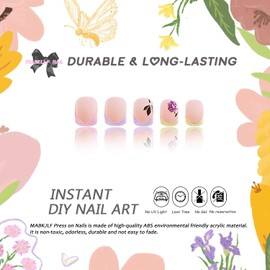 Spring Press on Nails Short Square French Tip Fake Nails Nude Pink Full Cover Peony Flower False Nails with Designs Purple Pink Nail Tip Glossy Glue on Nails Acrylic Artificial Nails for Women Girls