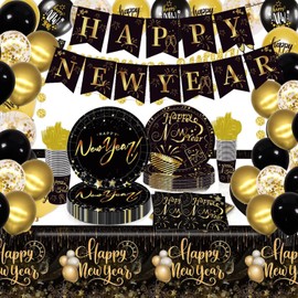 Happy New Year Tableware Set 125 Pieces | Happy New Year Dinnerware Set | New Years Eve Party Banner, Balloons,Cups,Plates Napkins And NYE Tablecloth for 24 Guest | New Years Eve Party Supplies 2025