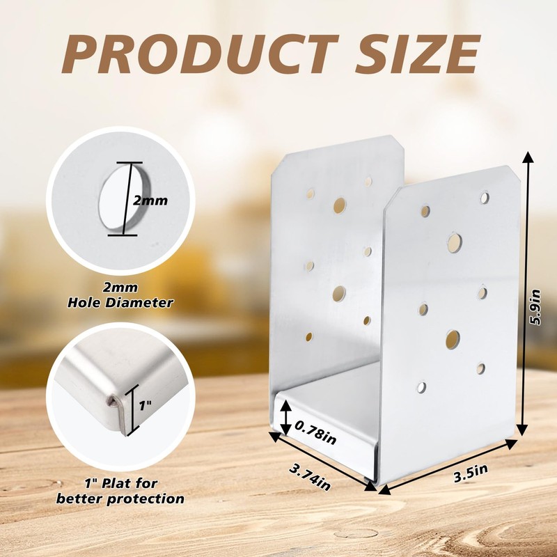 4"x4" Post Base Bracket (Internal 3.5"x3.5")，4 Pcs Stainless Steel Adjustable