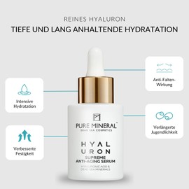 Pure Mineral - Supreme Hyaluron Anti-Aging Serum für alle Hauttypen - Intensive Anti-Falten Wirkung, Tote Meer Mineralien, Lifting-Effekt - Ohne Silikone, Sulfate, Parabene - 30ml