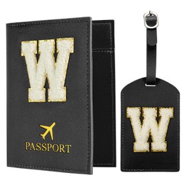 PATIKIL Passport Holder for Travel, Initial Passport Cover and Luggage Tag Set with Alphabet Chenille Letter Patch Travel Wallet Bag Suitcase Identifier for Women Family Travel Black W