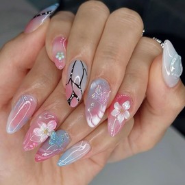 24Pcs Almond Press on Nails Medium Length Fake Nails with 3D Flower Butterfly Pearl Designs Colorful Gradient Acrylic Nails Butterfly Charms Stick on Nails Summer Glue on Nails for Women Gift