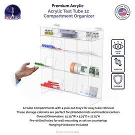 Tube Rack Clear Acrylic 12 Compartment 15.37" x 17.75" Wall Mount with Hanging Hardware or Countertop Clinics Hospitals Food Industry and Pharmaceutical Easy Access Lightweight by Marketing Holders