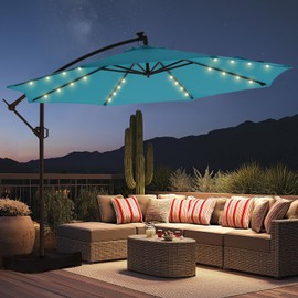 HOMSHADE 10ft Solar Lights Offset Cantilever Patio Umbrella - with Light and Base, LED Lighted Offset Hanging Patio Outdoor Market Umbrella UPF50+ UV Protection with Easy Tilt and Crank (Light Blue)