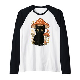 Aesthetic Cottagecore Black Cat Mushroom Hat Men Women Kids Raglan Baseball Tee