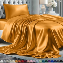 DECOLURE Satin Sheets Twin Size Set 3 Pcs - Silky & Luxuriously Soft Satin Bed Sheets w/ 15 inch Deep Pocket - Similar to Silk Sheets - Double Stitching, Wrinkle Free (Gold)