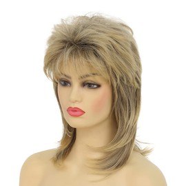 Amnenl Blonde Mullet Wig for Women Short Shaggy Layered Hair Dark Roots Cosplay Rocker 70s 80s Costume Wigs