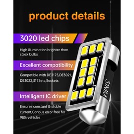 LUYED 1280 Lumens Extremely Bright 3020 12-EX Chipsets 1.25 inches DE3175 DE3021 DE3022 3175 LED Bulbs Used For Dome light,Xenon White