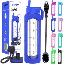 32 oz Glass Water Bottle with Time Marker Reminder - EXTRA LID, Reusable, Wide Mouth, Leakproof, 1 Liter Glass Drinking Bottle, BPA Free, Motivational Water Bottles (Royal Blue, with Brush)