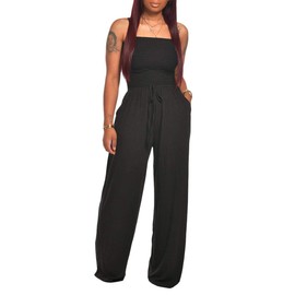 ECDAHICC Women's Strapless Tube Top Rompers Casual Off Shoulder Solid Color Belted Wide Leg Jumpsuit with Pockets, Black, X-Large