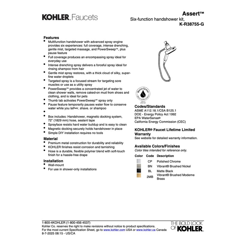 Kohler Assert Handshower Multifunction 6 Spray Modes Pause Magnetic Dock