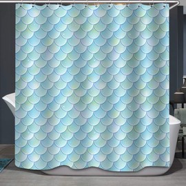 TJZ HOME Mermaid Scales Shower Curtain, Fish Scale Mermaid Geometric Tail Teal Blue Ocean Theme Dream Fantasy Polyester Cloth Print Bathroom Curtains Include Hooks Sets 72〃w by 72〃L (s2779)
