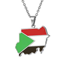 Fusamk Sudanese Flag Necklace for Women, Gold Plated Stainless Steel Sudan Map Pendant Necklace with 50cm O Chain(White)