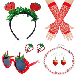WanderGo Erdbeer Kostüm Damen 9-Teiliges, Erdbeere Haarreif, Halskette, Brille, Ohrringe, Haarnadel, Handschuhe Erdbeere Kostüm Damen Kinder Fasching Kostüm Accessoires Faschingskostüm Obst