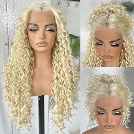 26Inch 613 Blonde Deep Curly Lace Front Wig for Black Women, 13x6 HD Glueless Curly Lace Front Wigs Pre-Plucked, 200 Density Similar Human Hair Synthetic Lace Frontal Wig, 26 inch #613 Blonde