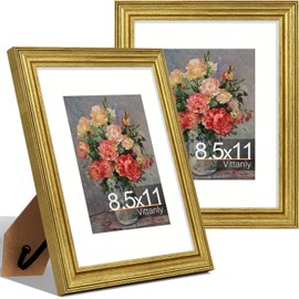 Vittanly 8.5x11 Picture Frames Set of 2, Ornate Vintage Photo Frame for Wall or Tabletop, Display 6x8 Pictures with Mat or 8.5x11 without Mat, Rustic Gold