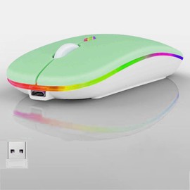 LED Wireless Mouse, Slim Silent Dual-Mode 2.4G+BT Rechargable 7-Color Mouse Portable Mobile Optical Office Mouse with USB Receiver, 3 Adjustable Levels for Notebook, PC, Computer, MacBook (Green)