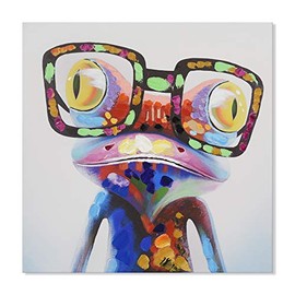 JAPO ART Happy Frog with Glasses Funny Colorful Animal Hand Painted Oil Painting with Stretched Frame Artwork Wall Art Decor for Kids Room Bedroom Living Room Ready to Hang 16 x 16 Inch