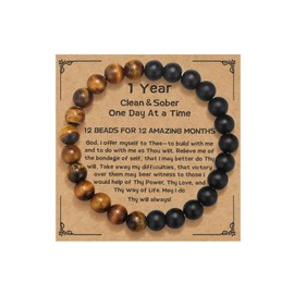 Kvekstio 12 Months Sobriety Anniversary Bracelet Gifts, 1 Year AA Recover Gifts, Tiger Eye Black Beads Bracelet Addiction Recovery Sober Gifts for Men, Twelve Month Clean Sober Reminder Gifts for Him,