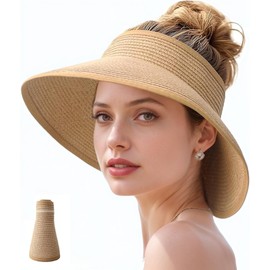Ducclucc Sun Visor Hats for Women Wide Brim Straw Ponytail Summer Beach Hat UV UPF Packable Foldable Travel (US, Alpha, One Size, Khaki)