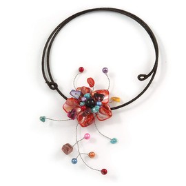 Avalaya Red Shell Flower with Multi Faux Pearl Bead Flex Wire Necklace/ 40cm L/Adjustable