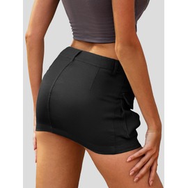 ELLEVEN Mini Cargo Skirts for Women High Stretchy, Low Waist Y2k Skirt Button Cute Denim Bodycon Jean Skirt with Pocket Black Small