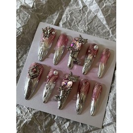 Handmade Press On Nails Long MouyouGlow, Stiletto Airbrushing Pink 3D Butterfly Rhinestone Silver Heart Pearl Glitter Y2K Coquette Resuable Fake Nails, Handmade Artificial Fingernails, 10 Pieces 208-M