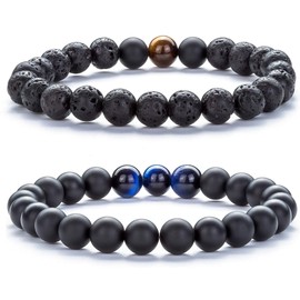Hamoery Men Women 8mm Tiger Eye Natural Stone Beads Bracelet Elastic Yoga Agate Bracelet Bangle (2 Pcs-Set 2)
