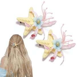 2 Pcs Pink Flowers Starfish Hair Clips, Mermaid Princess Duck Bill Clips Hair Accessories Summer Oceans Hairwear for Women Styling Tools Vacation Party Headpiece Decoration