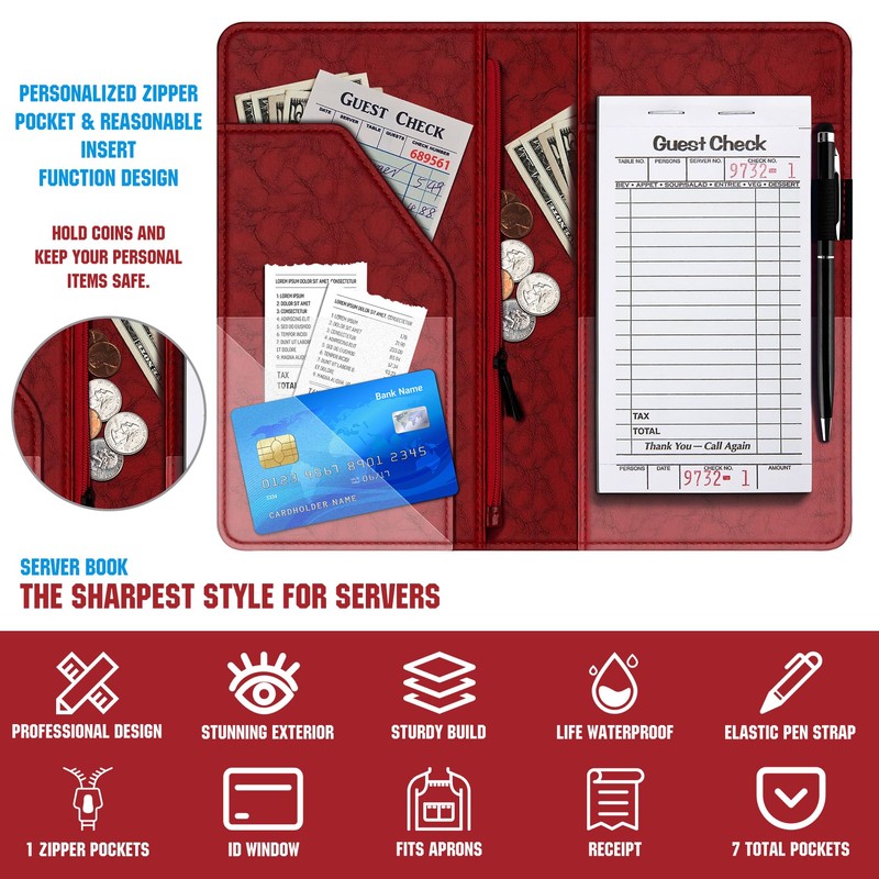 BVYA Server Book for Waitress, 5x9 Inch Server Book with