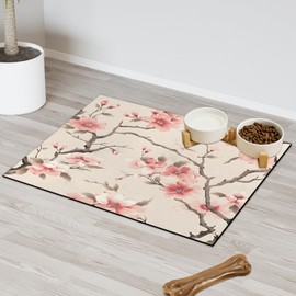Light Pink Blossoms Absorbent Dog Food Mat with Non-Slip Backing, 12 x 20 inch Feeding Mat for Puppy Cat Bowls, Spill-Proof Pet Diner Placemat for Kitchen Floors