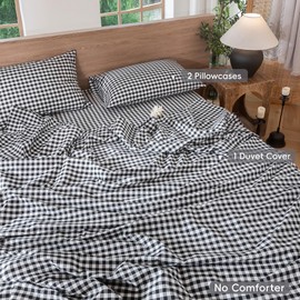 MooMee Gingham Duvet Cover Set 100% Washed Cotton Linen Like Textured Breathable Durable Soft Comfy Modern Checkered Design (Black White Gingham, Palatial King/Oversized King 120"x98")