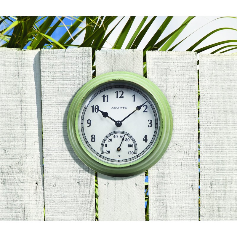 AcuRite 02470 Rustic Green Outdoor Clock with Thermometer, 8.5"
