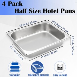 Nexboraque 4 Pcs Half Size Hotel Pan, 1/2 Size 2.5 Inch Deep Stainless Steel Steam Table Pan Half Pans for Chafing Dishes, Breading Trays for Hotel, Party, Buffet, Catering Supplies
