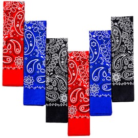 6-Pack Large Cotton Bandana - Paisley, 22x22 In, Red Black Blue - Cowboy Head Bandanna Scarf Handkerchief Mouchoir - Gifts for Men Women and All