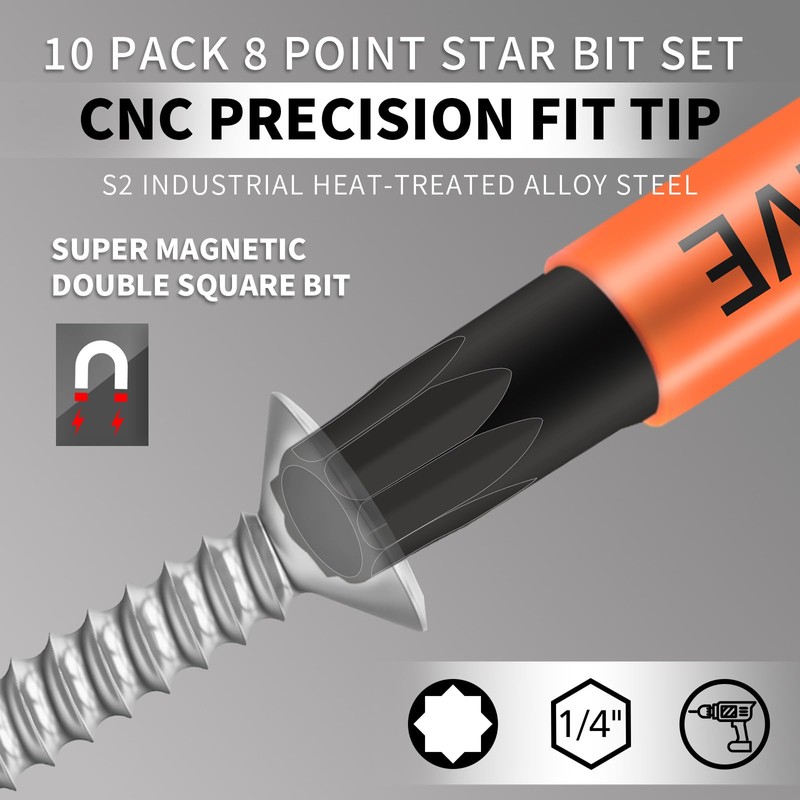 Professional 10-Pack 8 Point Torx Star & Double Square Bit