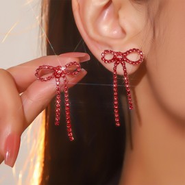 Bow Earrings for Women Trendy Silver Rhinestone Earrings Dangling Sparkly Tassel Dangle Earrings Prom Wedding Party Dress Jewerly Gifts
