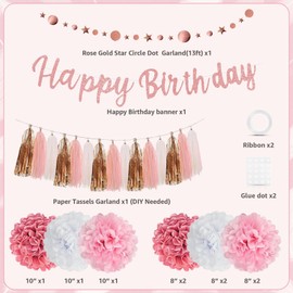 Pink Rose Gold Birthday Party Decorations Set, Rose Gold Glittery Dots Star Garland And Happy Birthday banner, Pom Poms Flowers Tassels for Girl Women Party Supplies