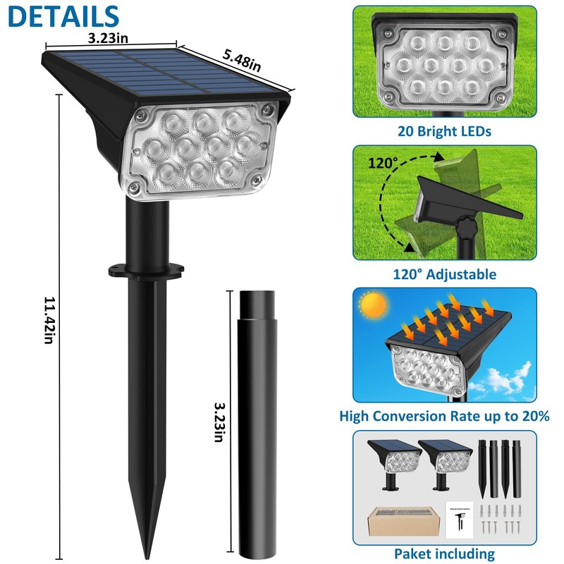 T-SUNUS Solar Garden Spotlight, Solar Lights for Outdoors, IP65 Waterproof,