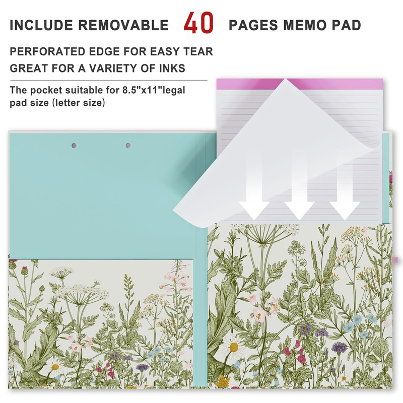 Clipboard Folio with Refillable Lined Notepad, Low Profile Clip and